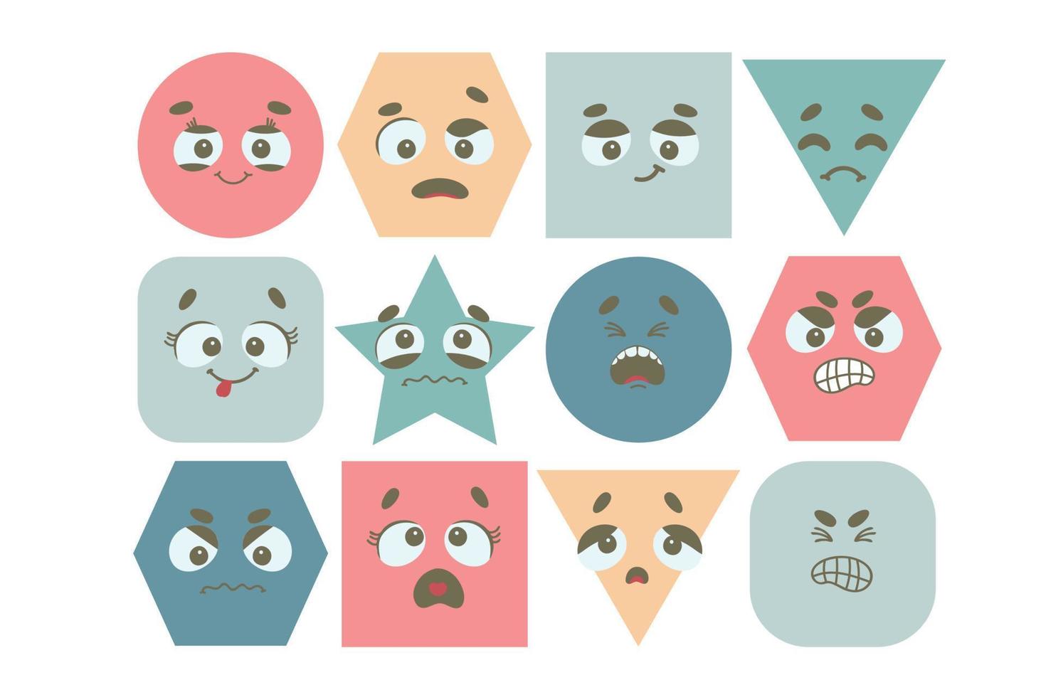 ojos y boca expresivos, sonriente, llorando, carácter sorprendido. conjunto de emoticonos abstractos. el cómic se enfrenta a varias emociones. diseño plano. emoji caras emoticon sonrisa, sentimientos, chat messenger dibujos animados emotes vector