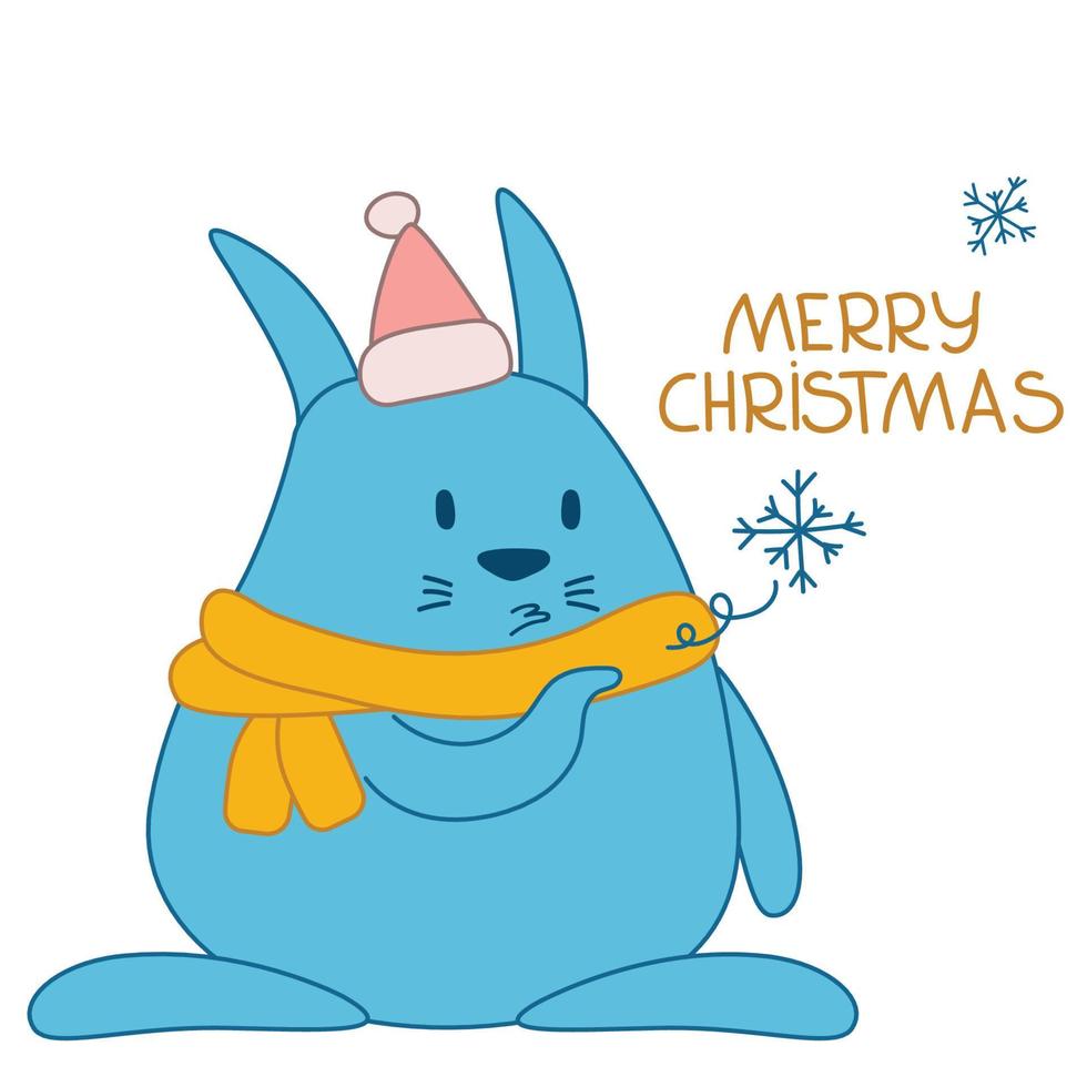 christmas card with cute rabbit isolated. christmas card with cute rabbit isolated on white. New Year and Merry Christmas. rabbit sticker with snowflake vector