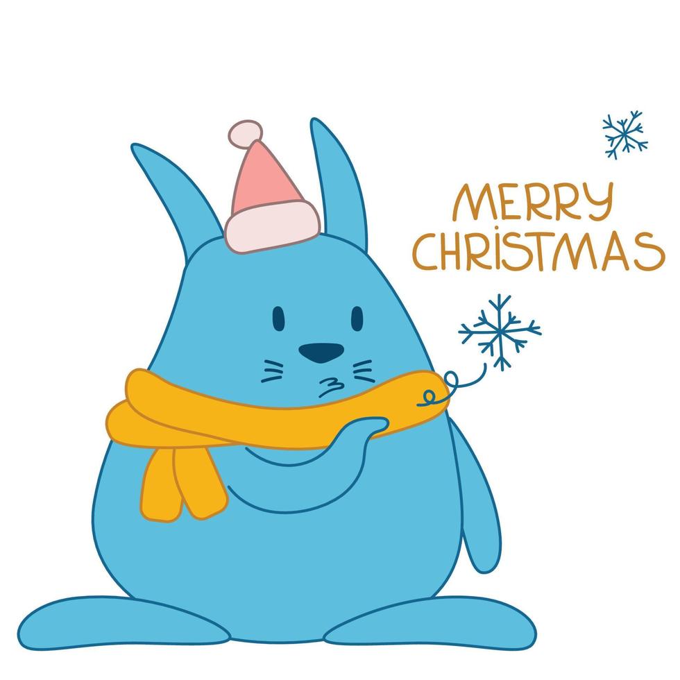 tarjeta de navidad con lindo conejo aislado. tarjeta de navidad con lindo conejo aislado en blanco. año nuevo y feliz navidad. pegatina de conejo con copo de nieve vector