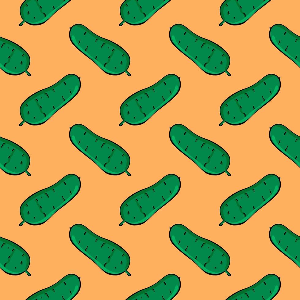 Green cucumber, seamless pattern on yellow background. vector