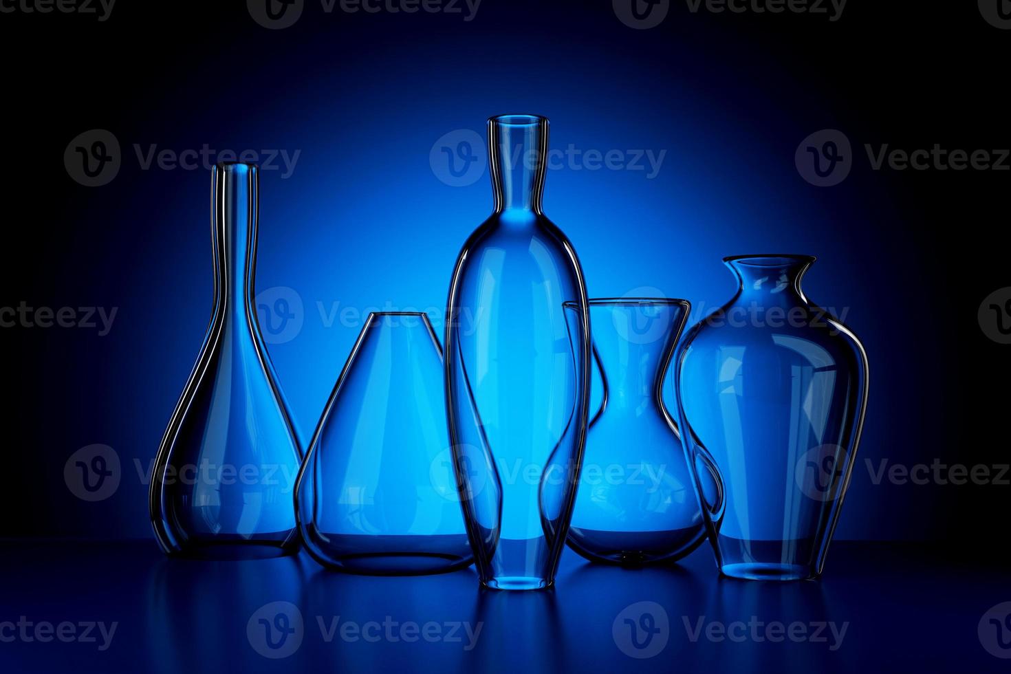 jarrones de vidrio vacíos ilustración 3d realista sobre fondo azul foto