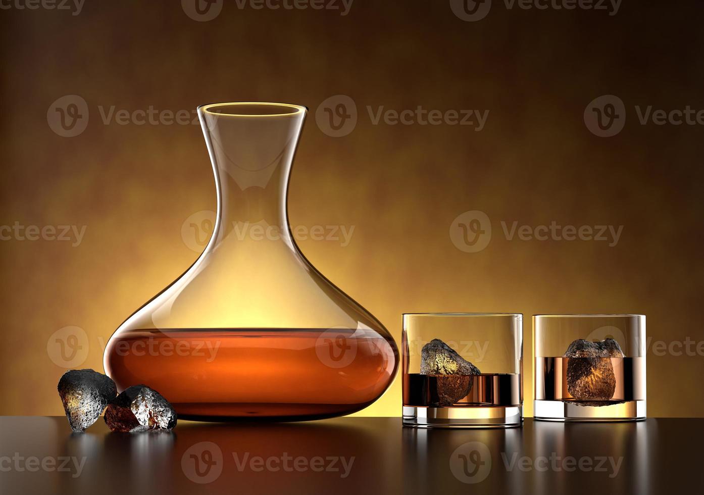 Glass of whisky with whiskey Carafe and ice cubes on a textured background with reflections - 3D Illustration photo