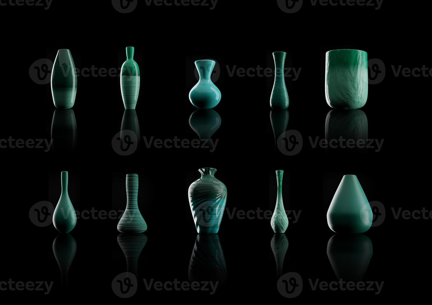 Ten different flower vases in turquoise teal color - 3D illustration photo