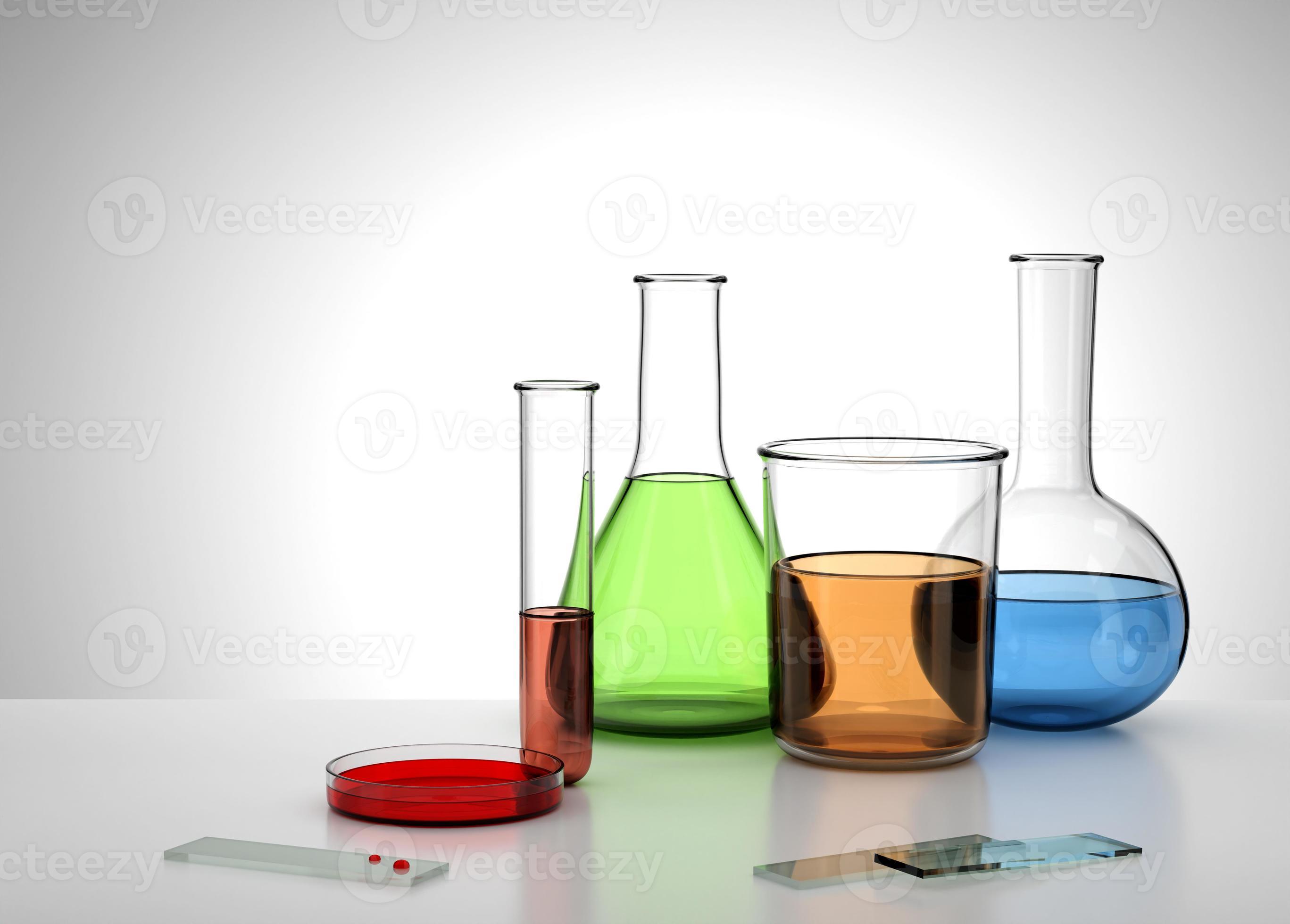 Realistic 3D Empty Lab Equipment Test Tube, flask, beaker, Petri dish