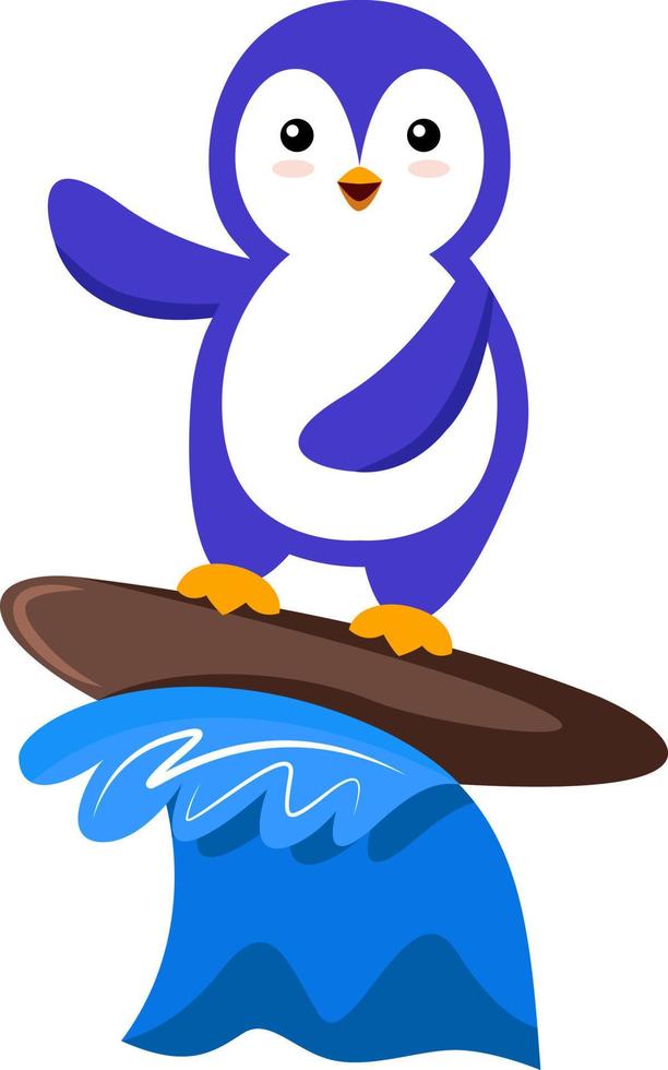 Penguin surfing, illustration, vector on white background.