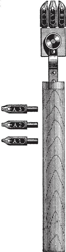 instrumento de escritura redondo, pluma de caligrafía, grabado antiguo. vector