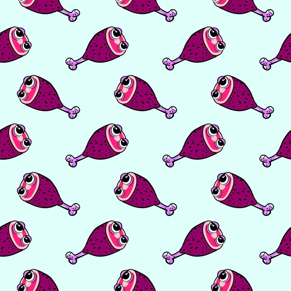 Chicken drumstick with eyes, seamless pattern on light blue  background. vector