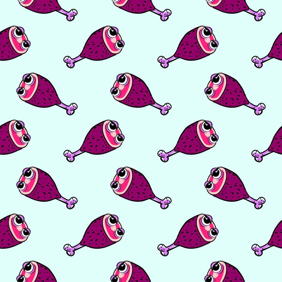 Chicken drumstick with eyes, seamless pattern on light blue  background. vector