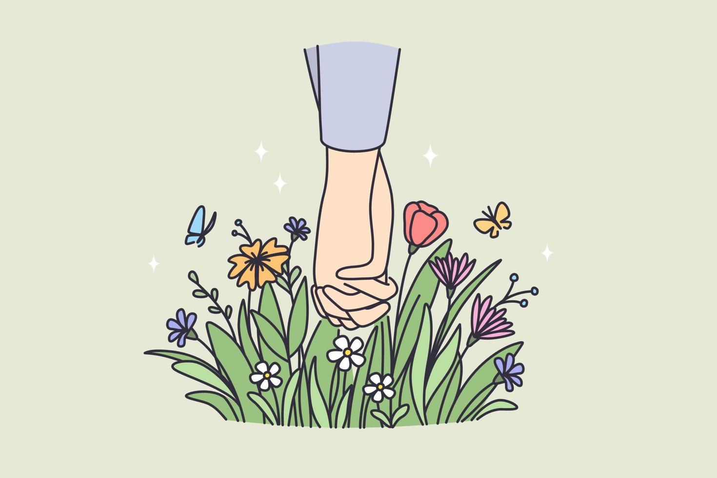 celebrando el concepto de vacaciones del día de san valentín. manos de feliz pareja amada cogidos de la mano con flores debajo y capullos florecientes ilustración vectorial vector