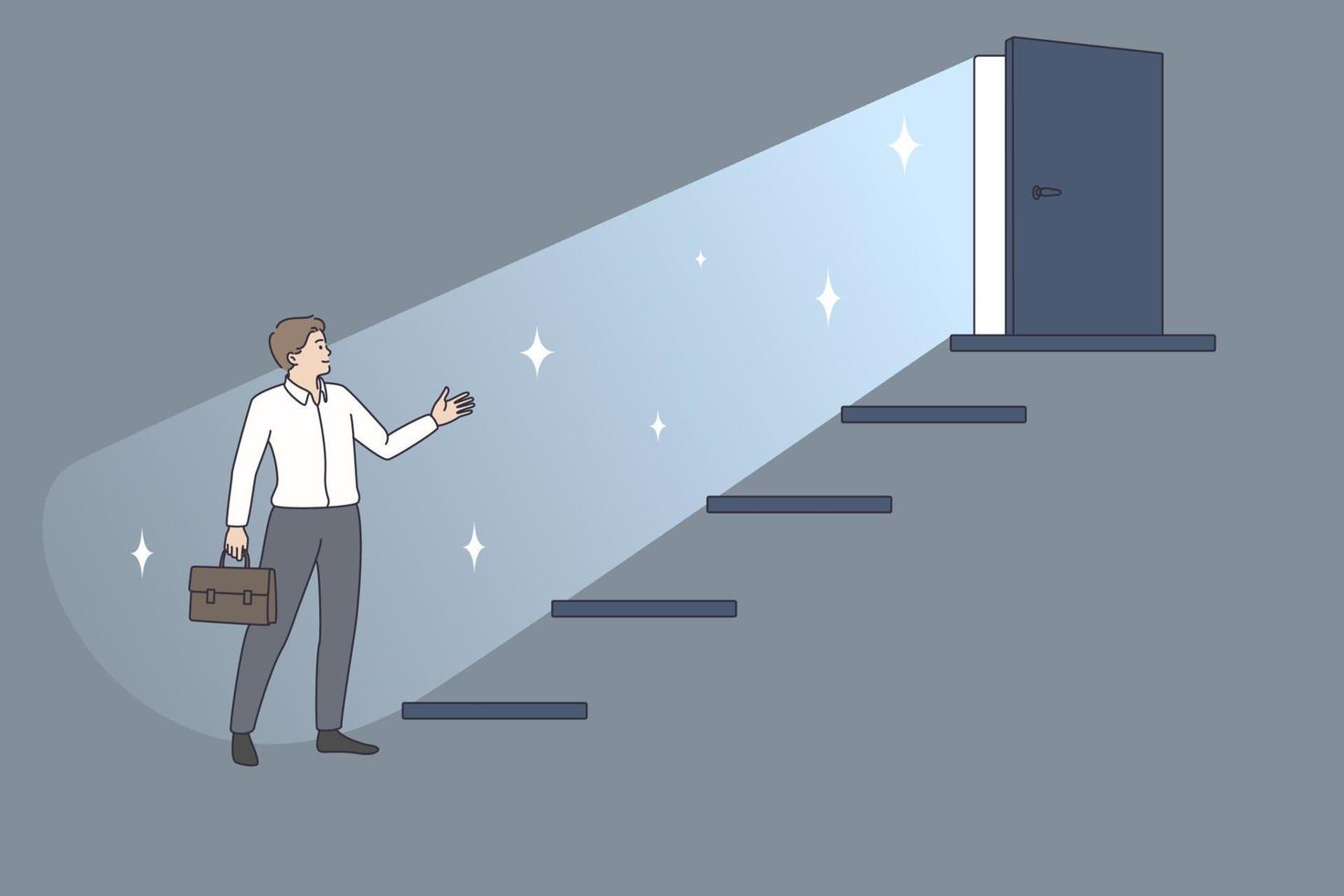 Business career and development concept. Young businessman worker standing near ladder with open door on top and better future with success vector illustration