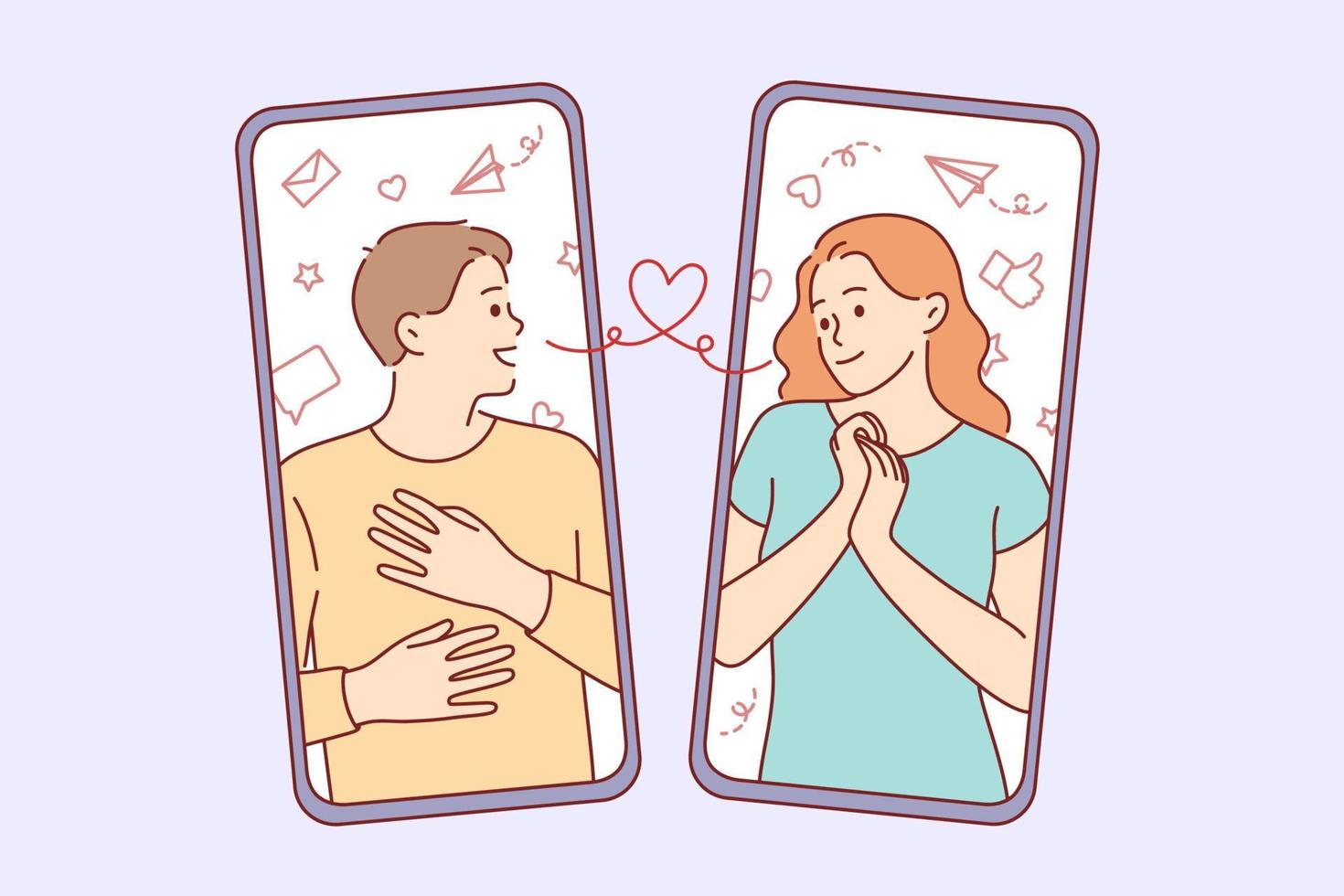 Online dating and communication concept. Young smiling happy couple man and woman dating and communication from smartphone screens online vector illustration