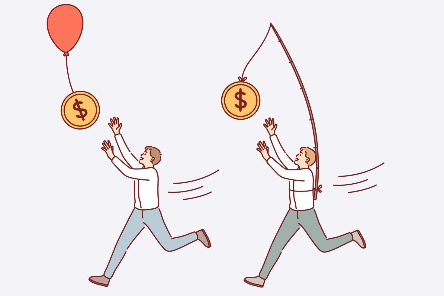 Financial success and wealth concept. Young smiling businessmen cartoon characters running trying to catch flying dollar coins money on balloons and stick vector illustration
