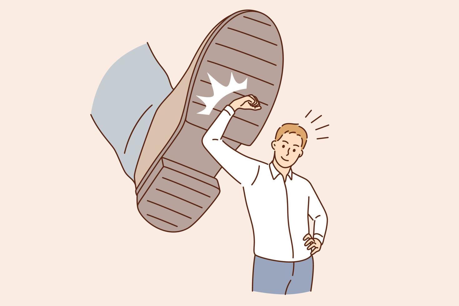 Business challenge and confidence concept. Young smiling businessman cartoon character standing deflecting blow from boots sole vector illustration