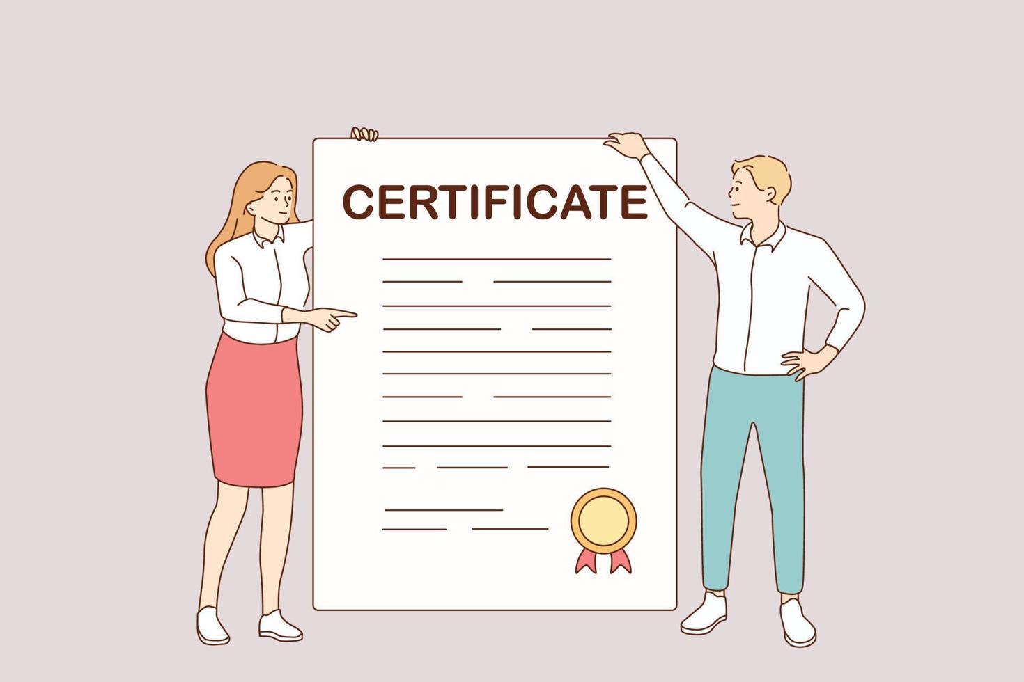 Business certificate and development concept. Young smiling partners woman and man cartoon characters standing holding huge certificate with official stamp in hands vector illustration