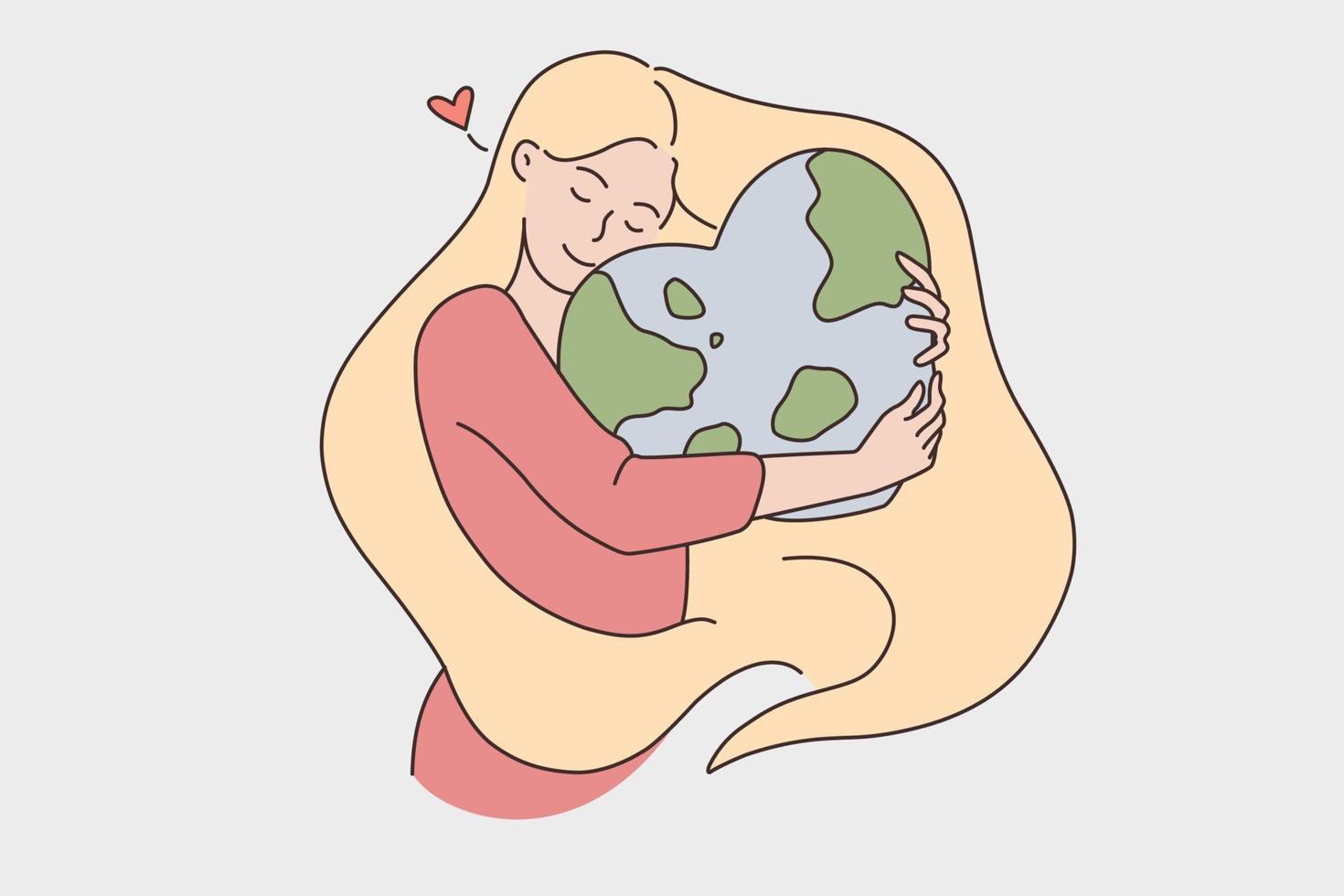 medio ambiente y cuidar el concepto del planeta. joven mujer rubia sonriente abrazando el planeta tierra en forma de corazón sintiendo amor ilustración vectorial vector