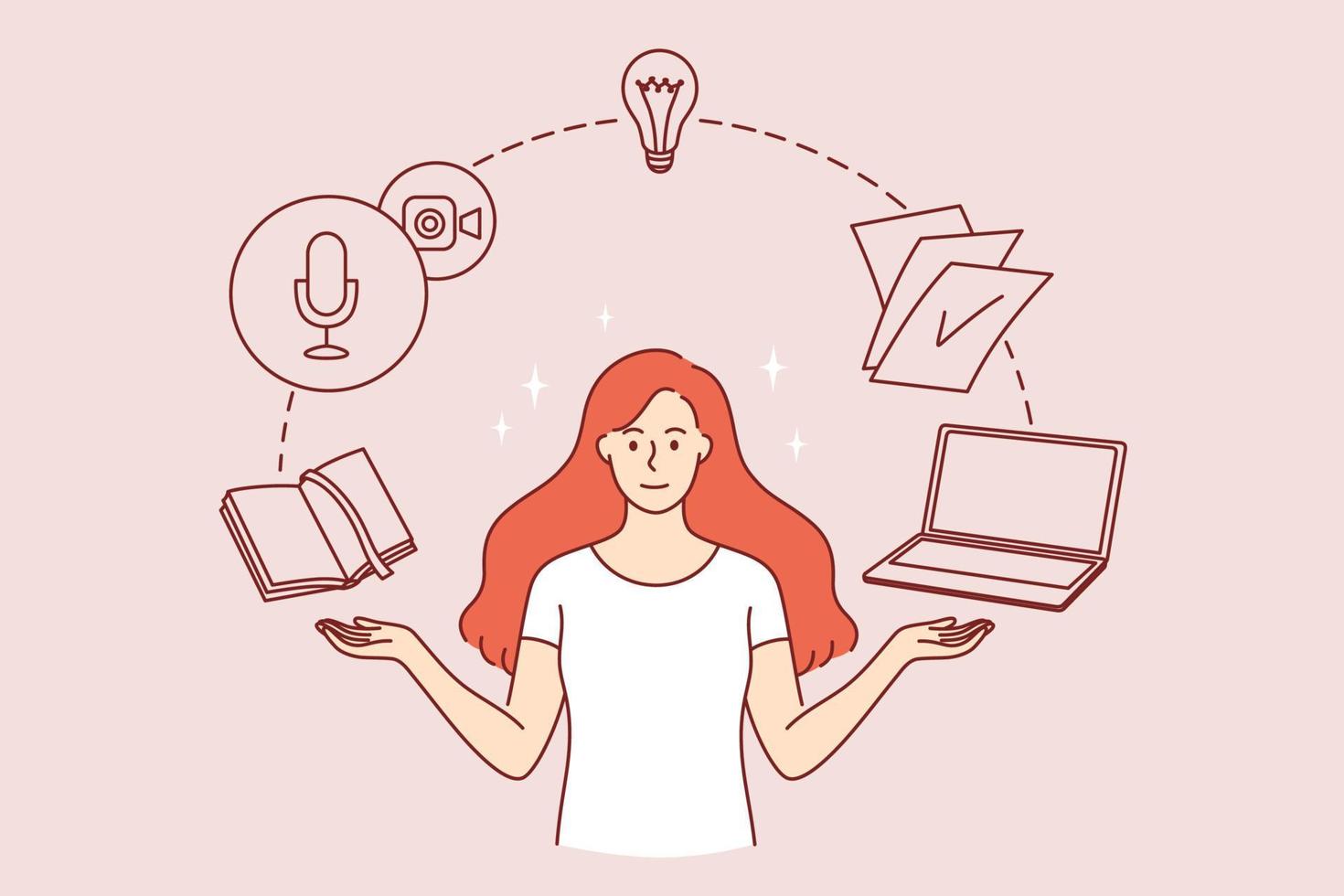 Time management and innovation concept. Young smiling woman cartoon character standing with book notebook laptop and light bulb flying around vector illustration