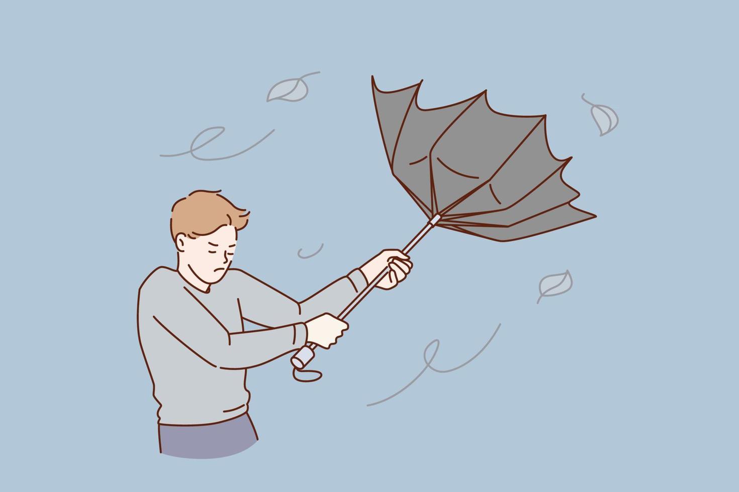 mal tiempo y concepto de tormenta. joven estresado personaje de dibujos animados de pie tratando de atrapar un paraguas volador de la lluvia y el viento ilustración vectorial vector
