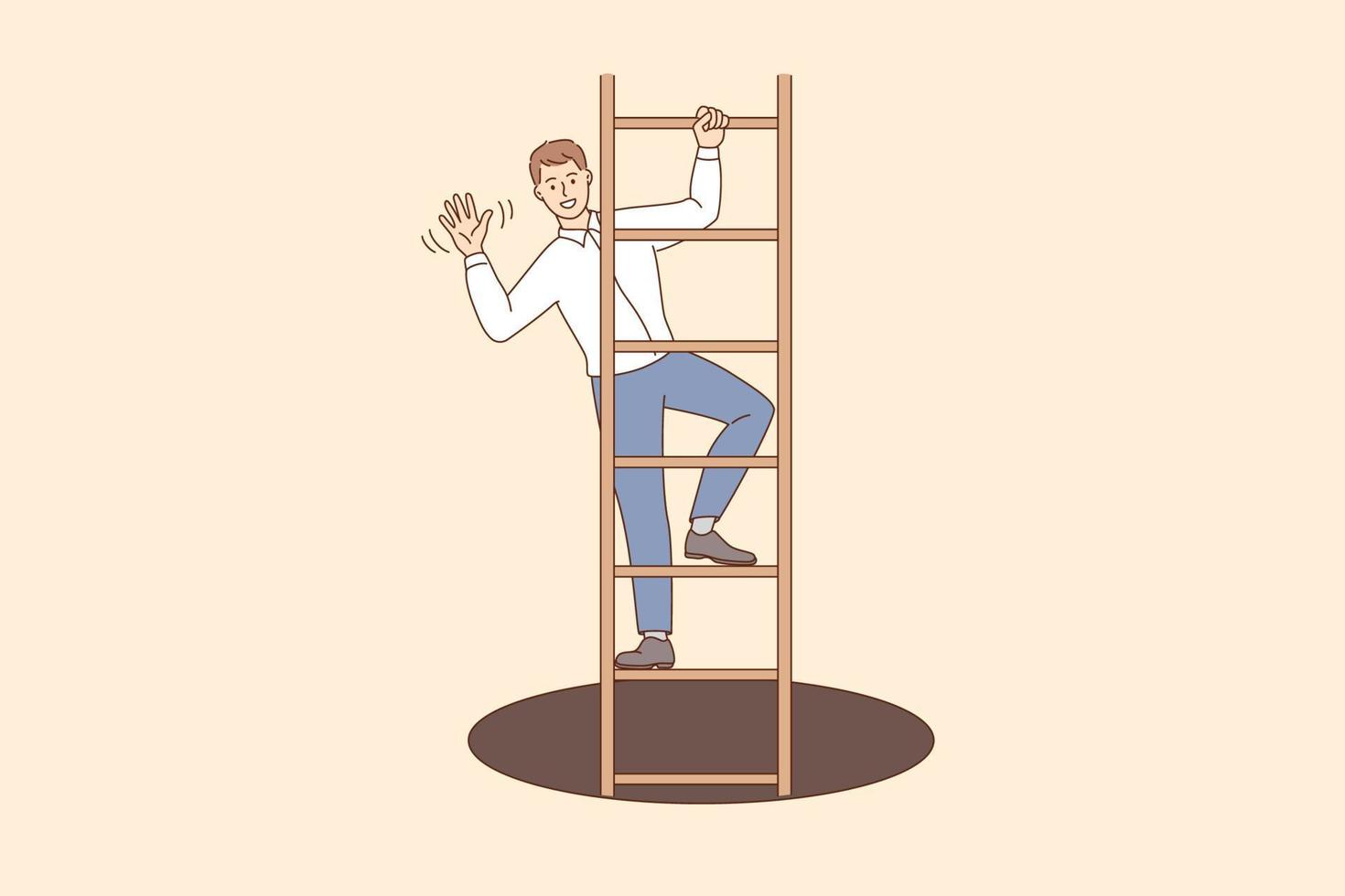 Business success and development concept. Young smiling businessman cartoon character waving hand standing on ladder climbing up vector illustration