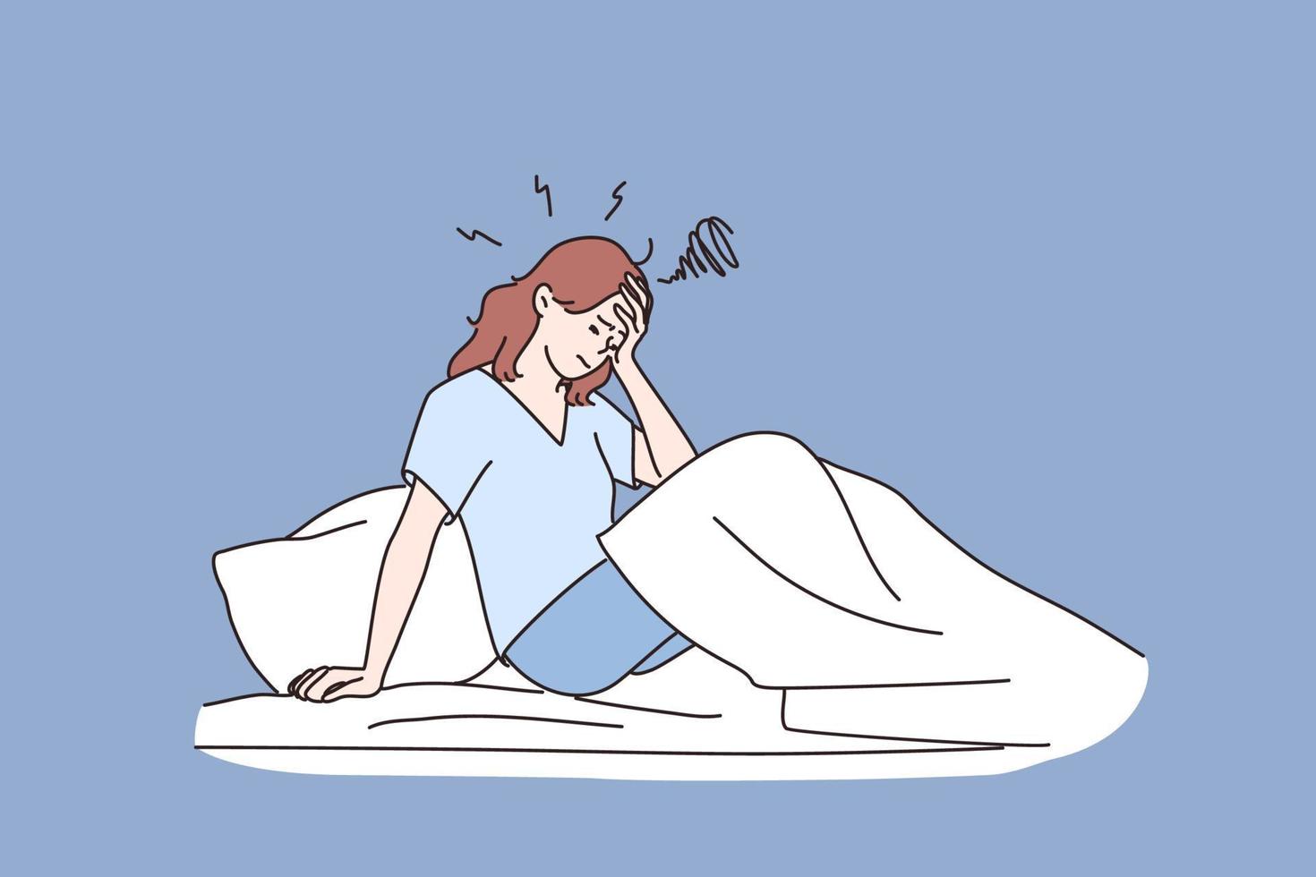 trastorno mental, soledad, concepto de depresión. mujer triste e infeliz que se queda en la cama en su dormitorio y se despierta con dolor de cabeza, fatiga, migraña o sufre de insomnio ilustración vectorial vector