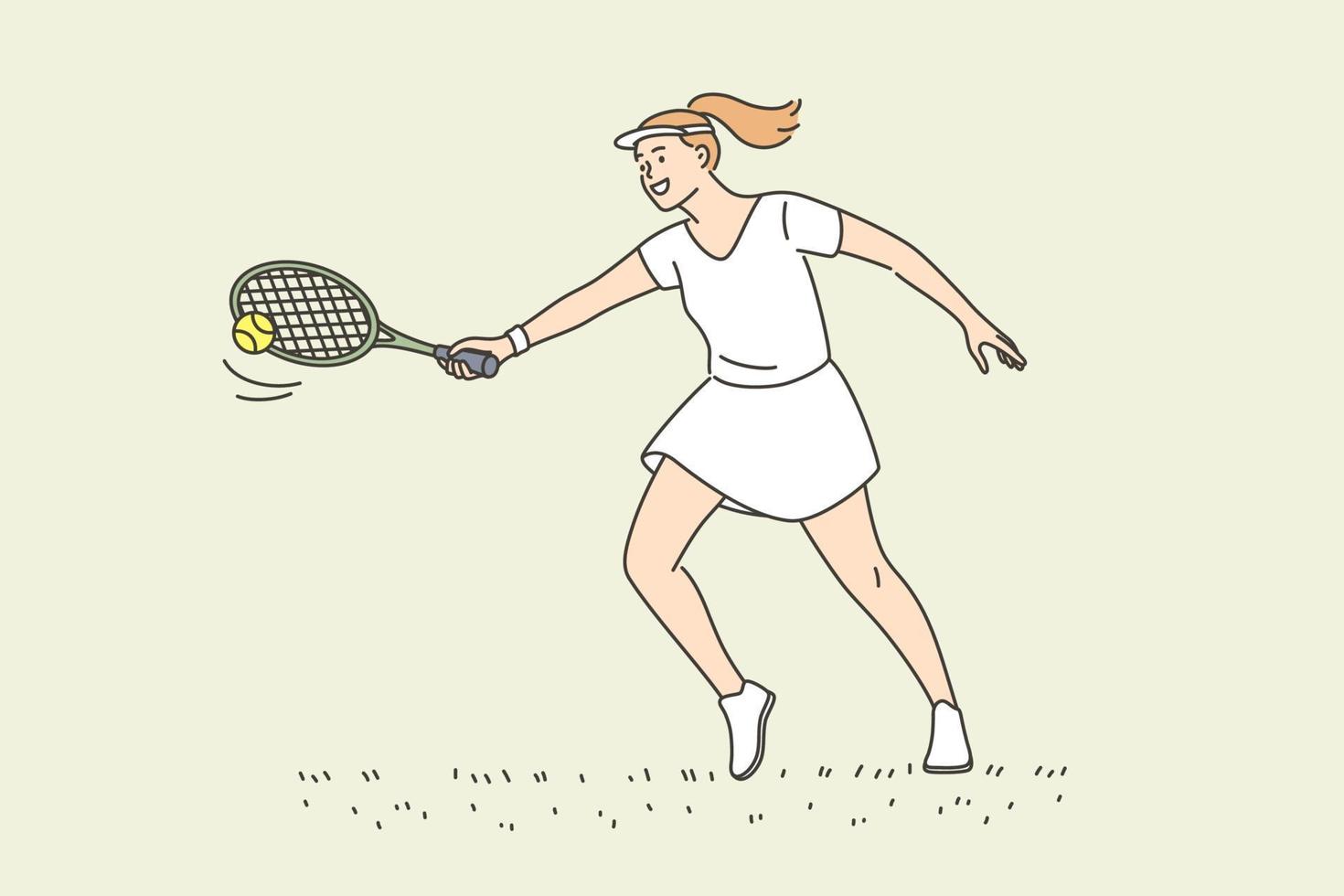 Professional tennis player and active lifestyle concept. Young smiling woman athlete sportsman cartoon character holding racket playing tennis having active lifestyle vector illustration