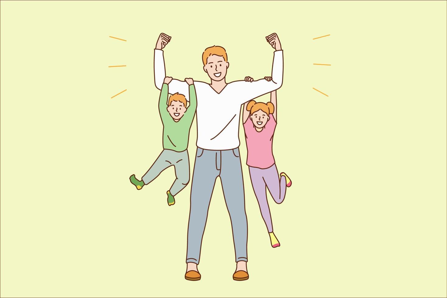 Happy parenthood and childhood concept. Young smiling man father dad cartoon character standing holding happy children son and daughter on hands vector illustration