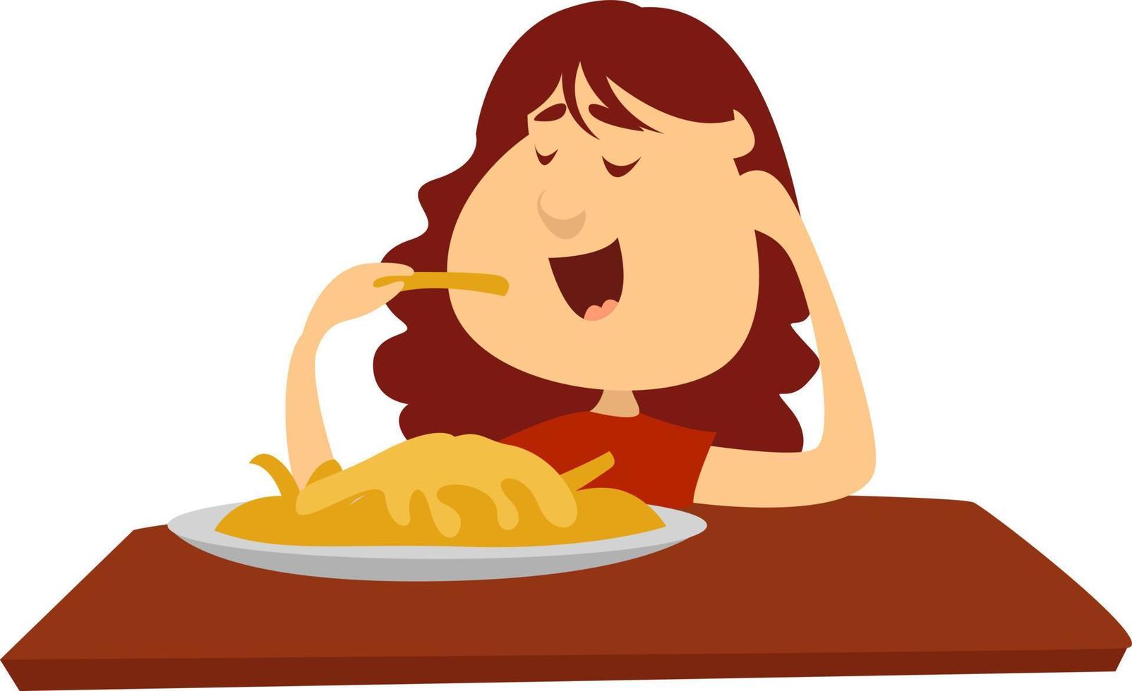 Girl eating cheese, illustration, vector on white background