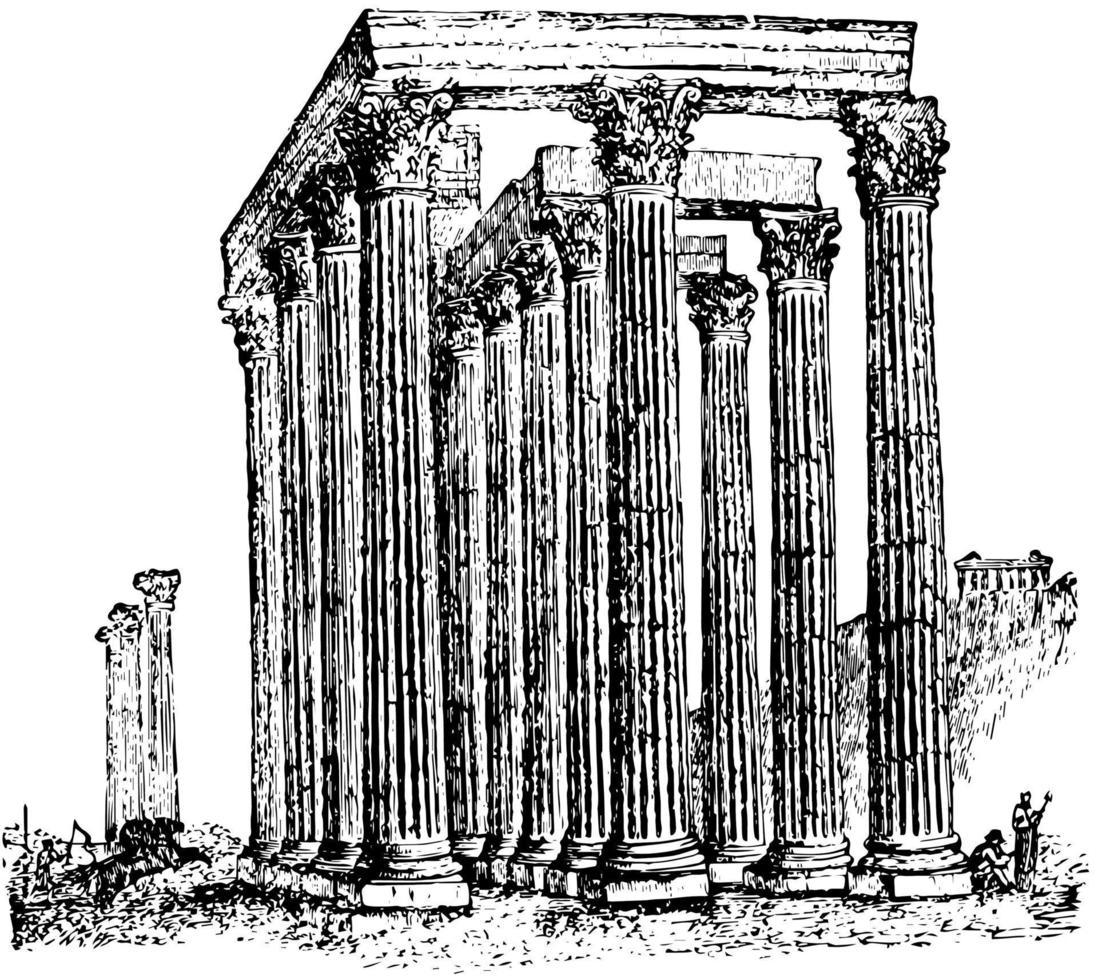 Temple of the Olympian Zeus, worship of Athena, vintage engraving. vector