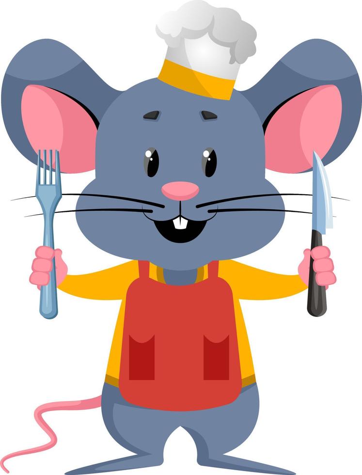 Mouse with knife and fork, illustration, vector on white background.