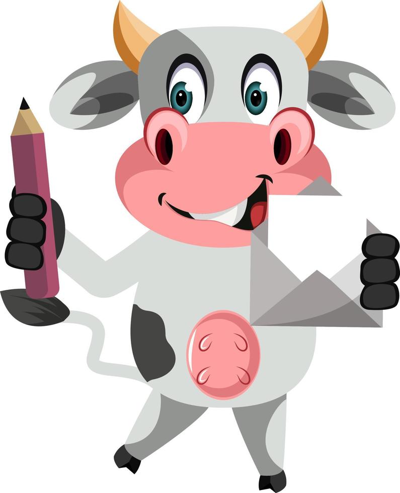Cow with pen, illustration, vector on white background.