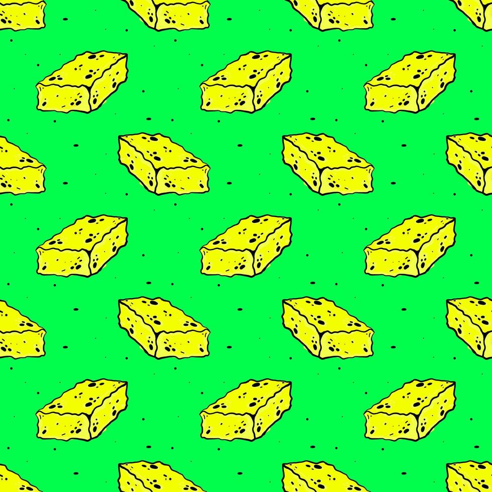 Yellow sponge, seamless pattern on green background. vector