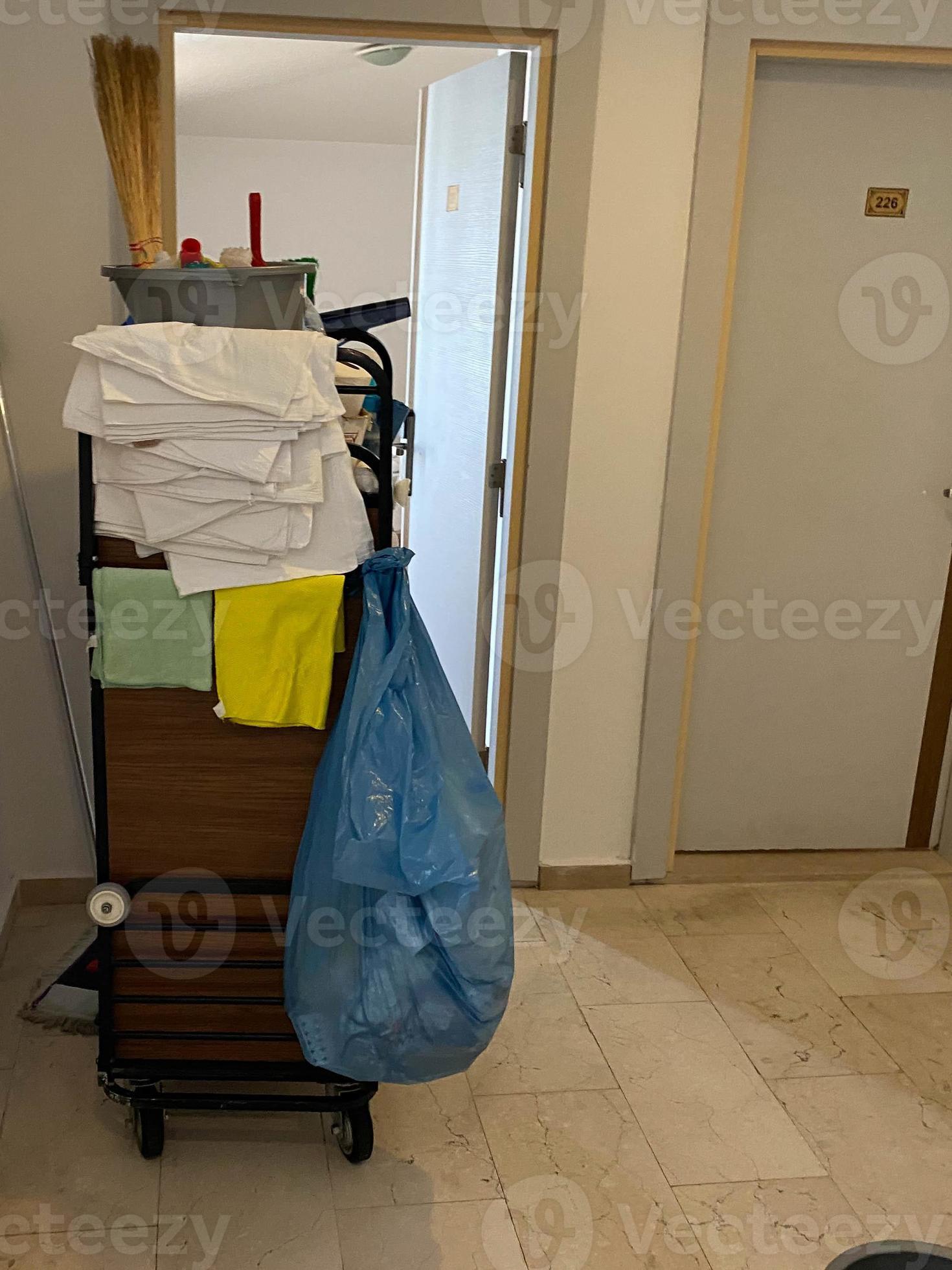 Cleaning trolley with household equipment and detergents. Room service
