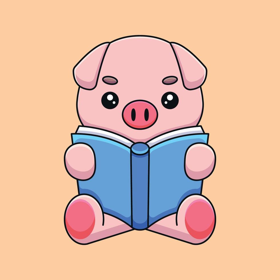 cute pig reading book cartoon mascot doodle art hand drawn concept vector kawaii icon illustration