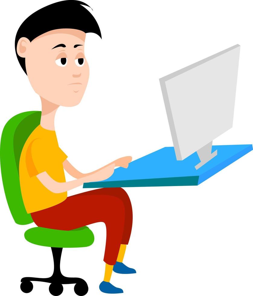 Man on computer, illustration, vector on white background.