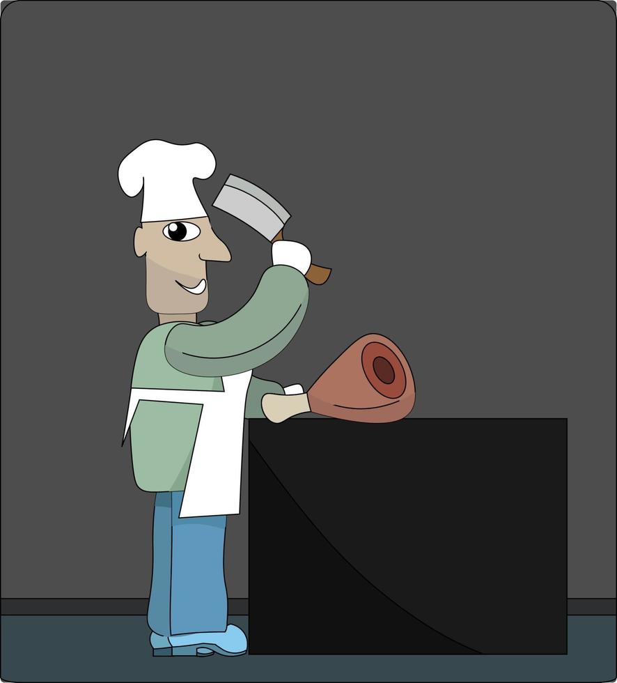 Butcher cutting meat, illustration, vector on white background.