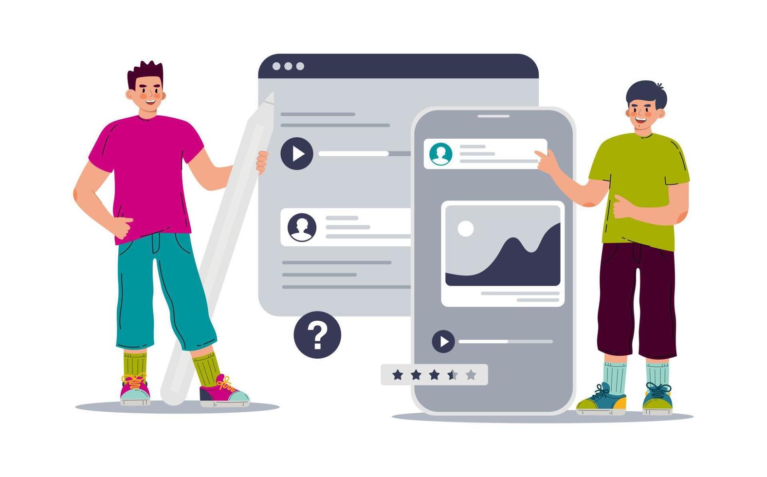 Ui ux designer arrangement interface elements of the application and sites. Two men are working on a project. Vector illustration in a flat style