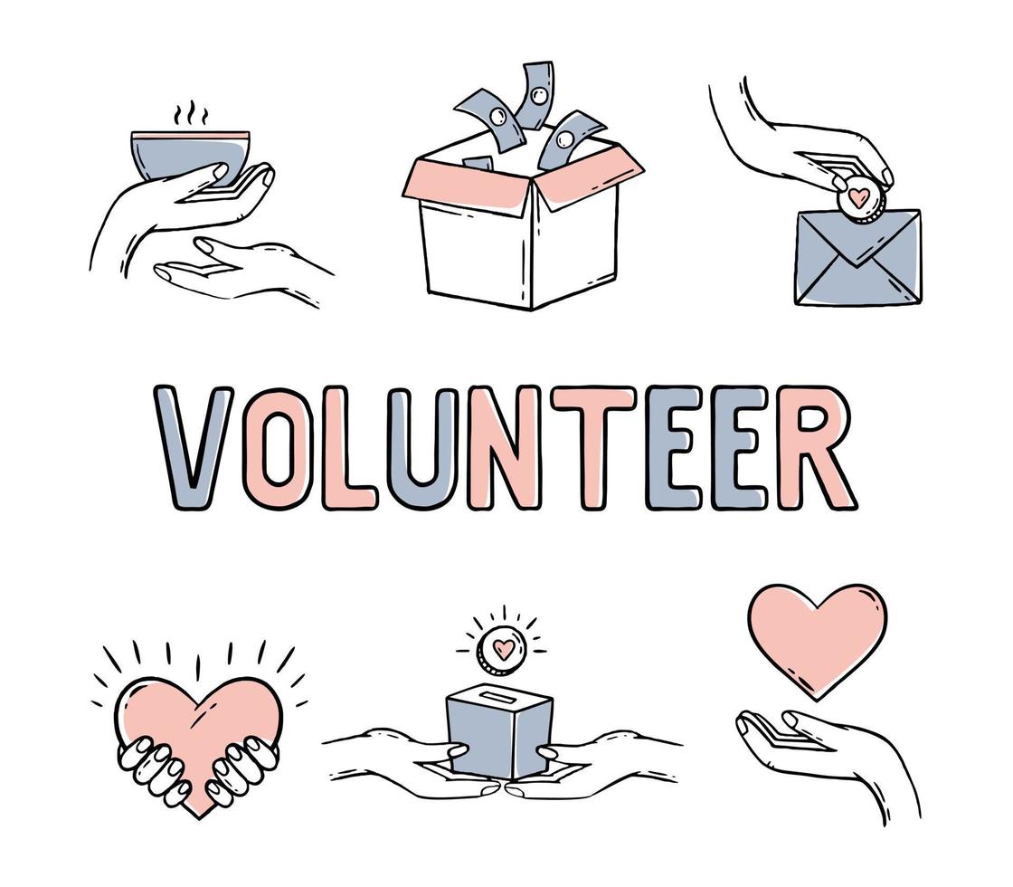 Charity donation for health. A set with elements of hearts in his hands. Vector illustration of a doodle