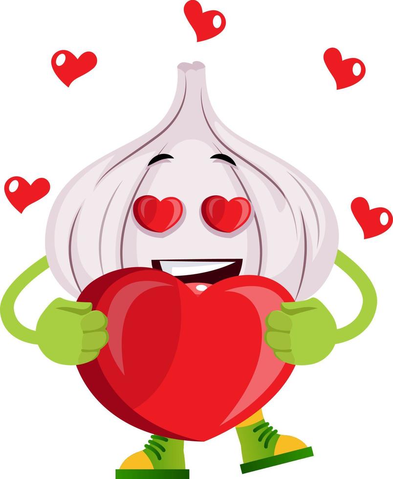 Garlic is in love, illustration, vector on white background.