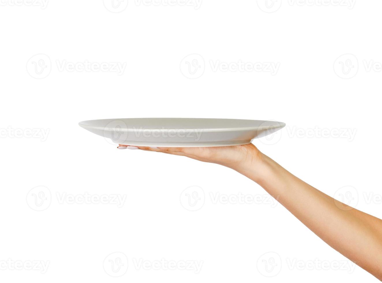 human hand with blank plate isolated on white background. perspective view, isolated on white background photo