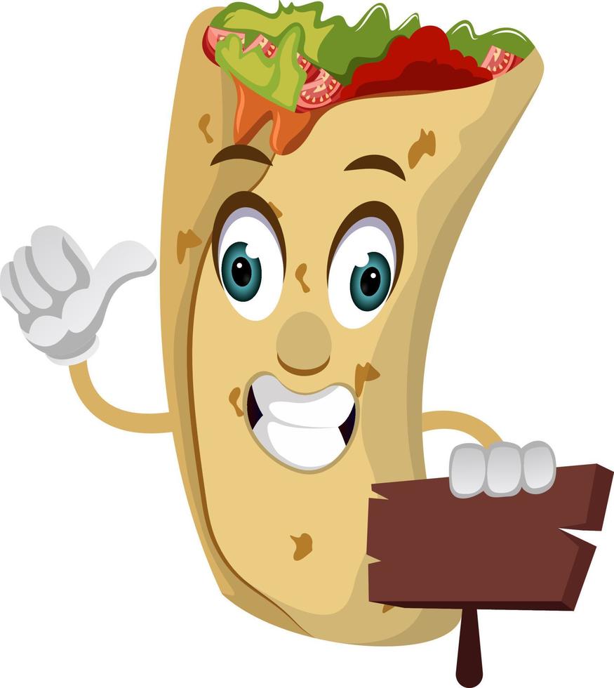 Burrito with blank sign, illustration, vector on white background.