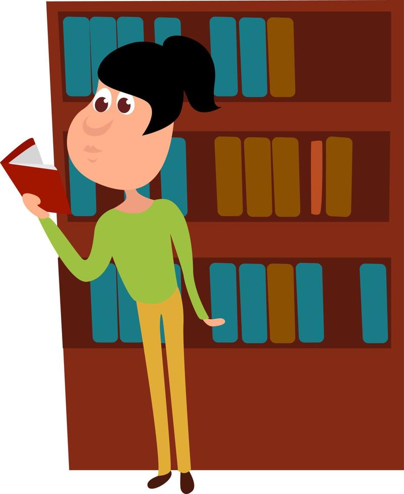 mujer leyendo un libro en la biblioteca, ilustración, vector sobre fondo blanco