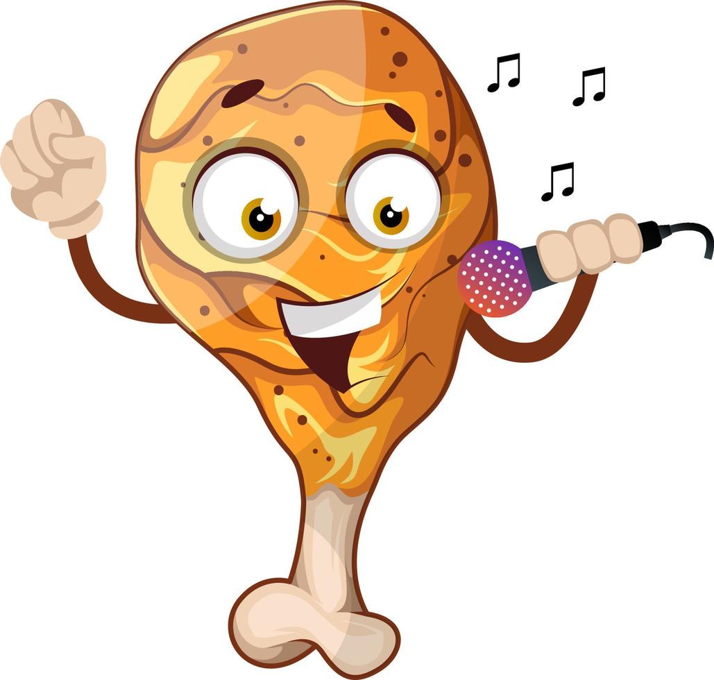 Fried chicken leg singing on a microphone, illustration, vector on white background.