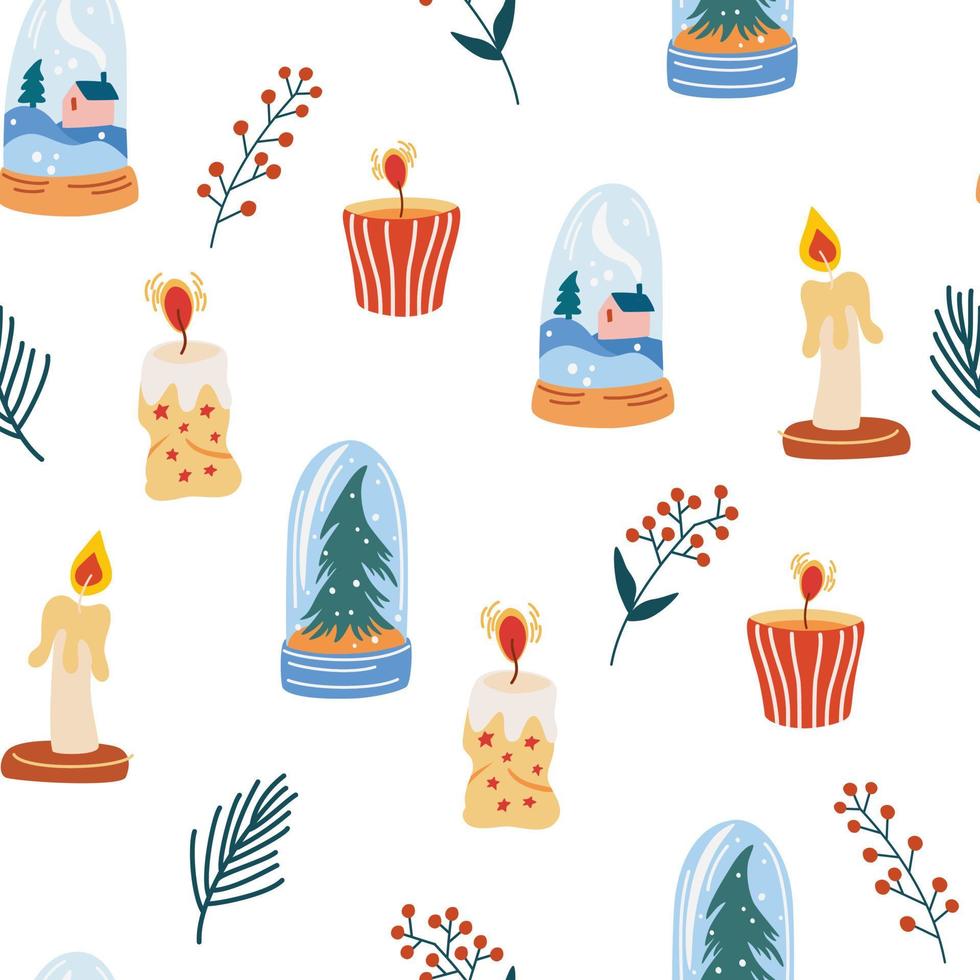 Christmas elements seamless pattern. Candles crystal ball twigs cones and berries. Vector winter holidays print for textile, wallpaper, fabric.