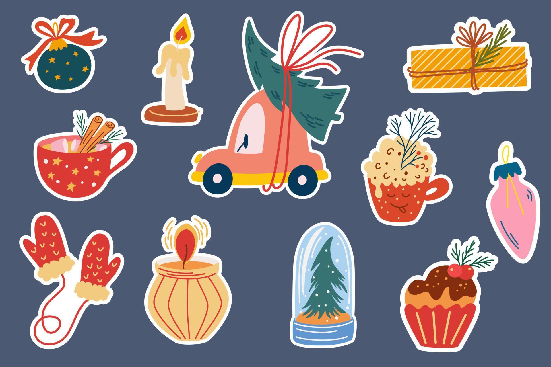 Christmas Stickers. Car with a Christmas tree, decorations, mittens