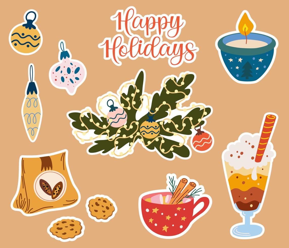 Christmas Stickers. Decorations, mittens, balloons, sweets and candles. Winter, new year, holiday.  Perfect for greeting cards, invitations, flyers. Vector  illustration.
