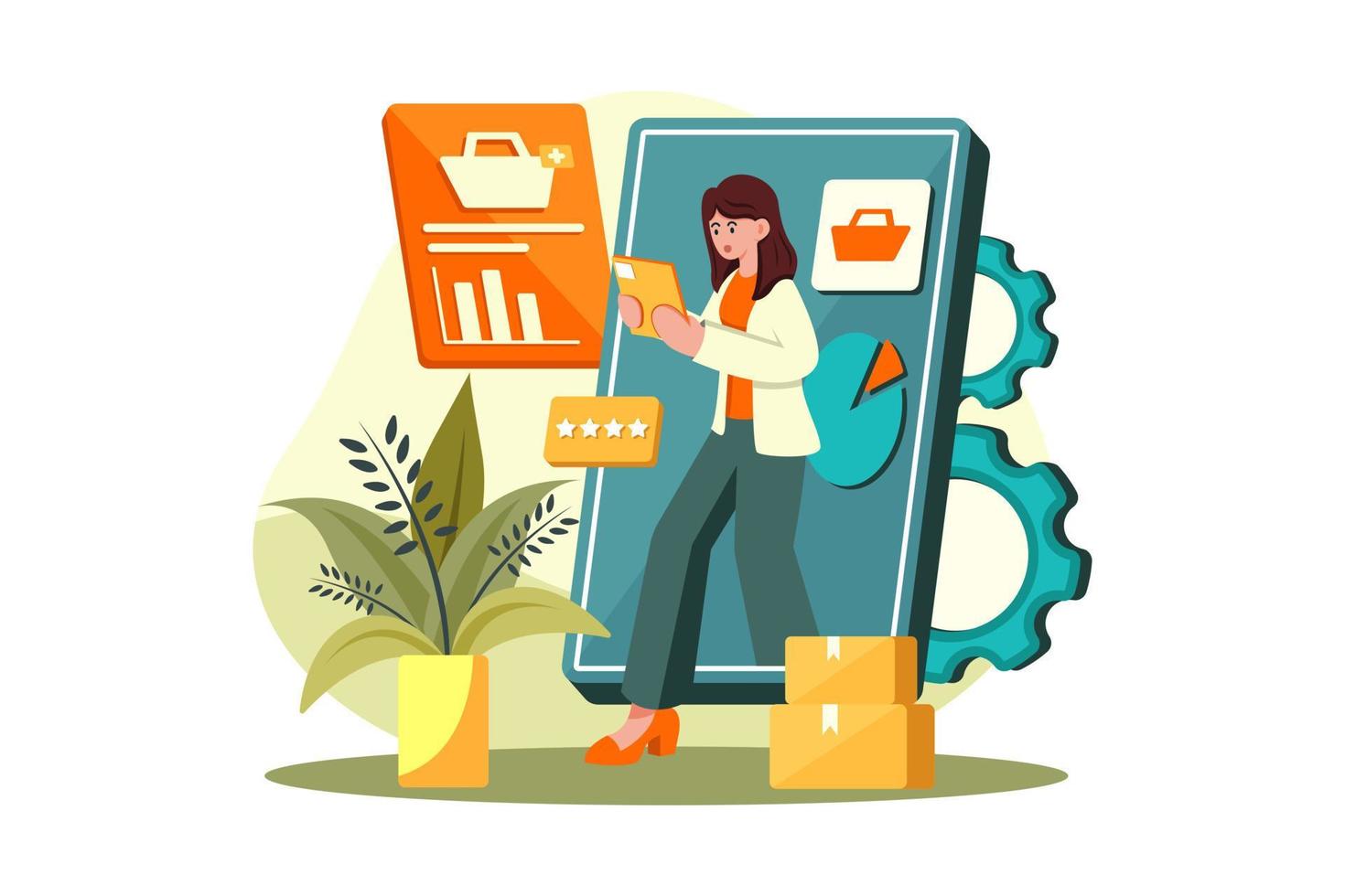 Woman doing online market analysis vector