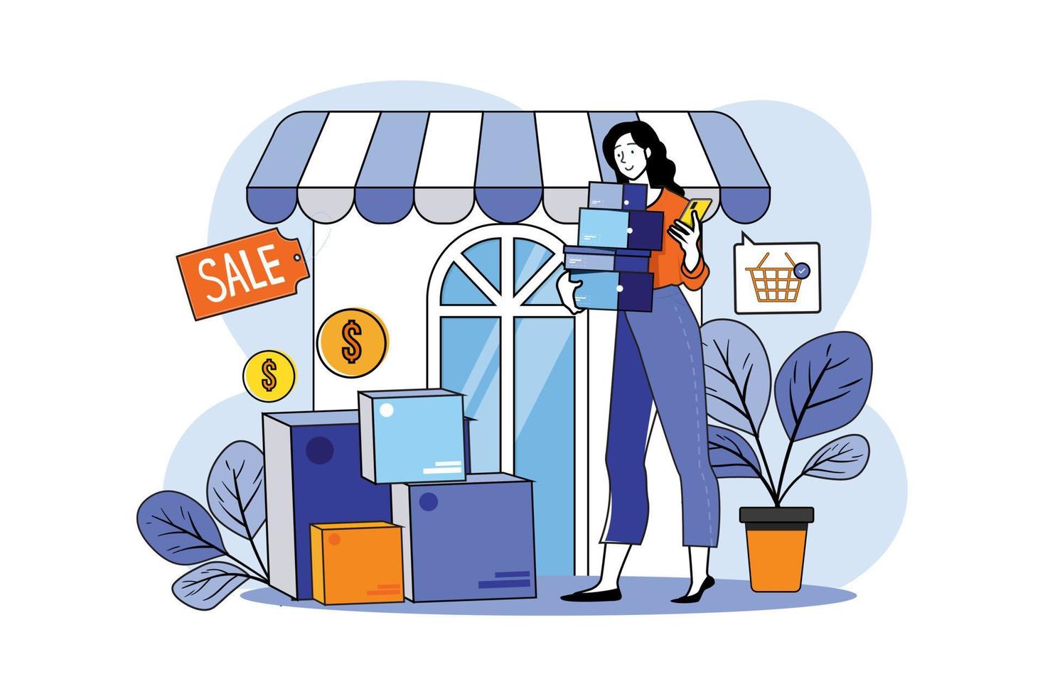 Young girl buying and selling goods online vector