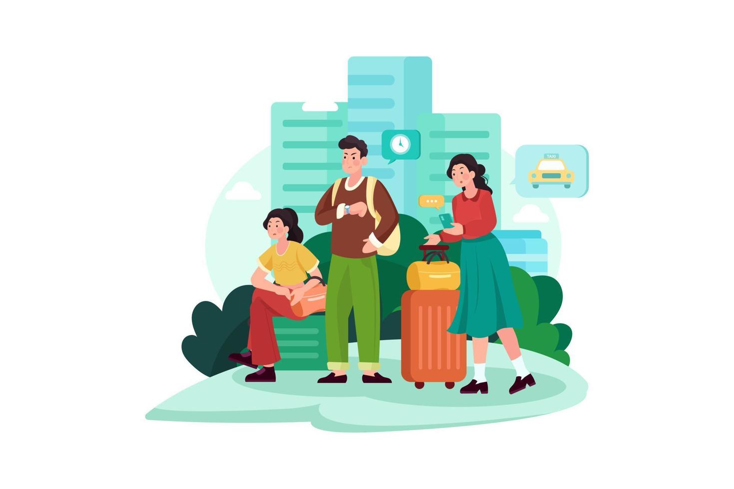 A group of tourists with their luggage waiting for a taxi vector