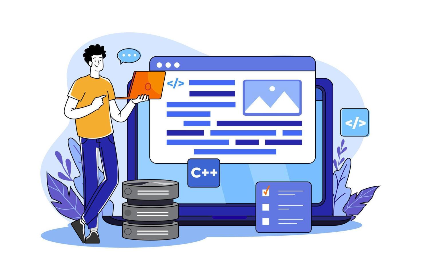 desarrollador de back-end que trabaja en una computadora portátil vector