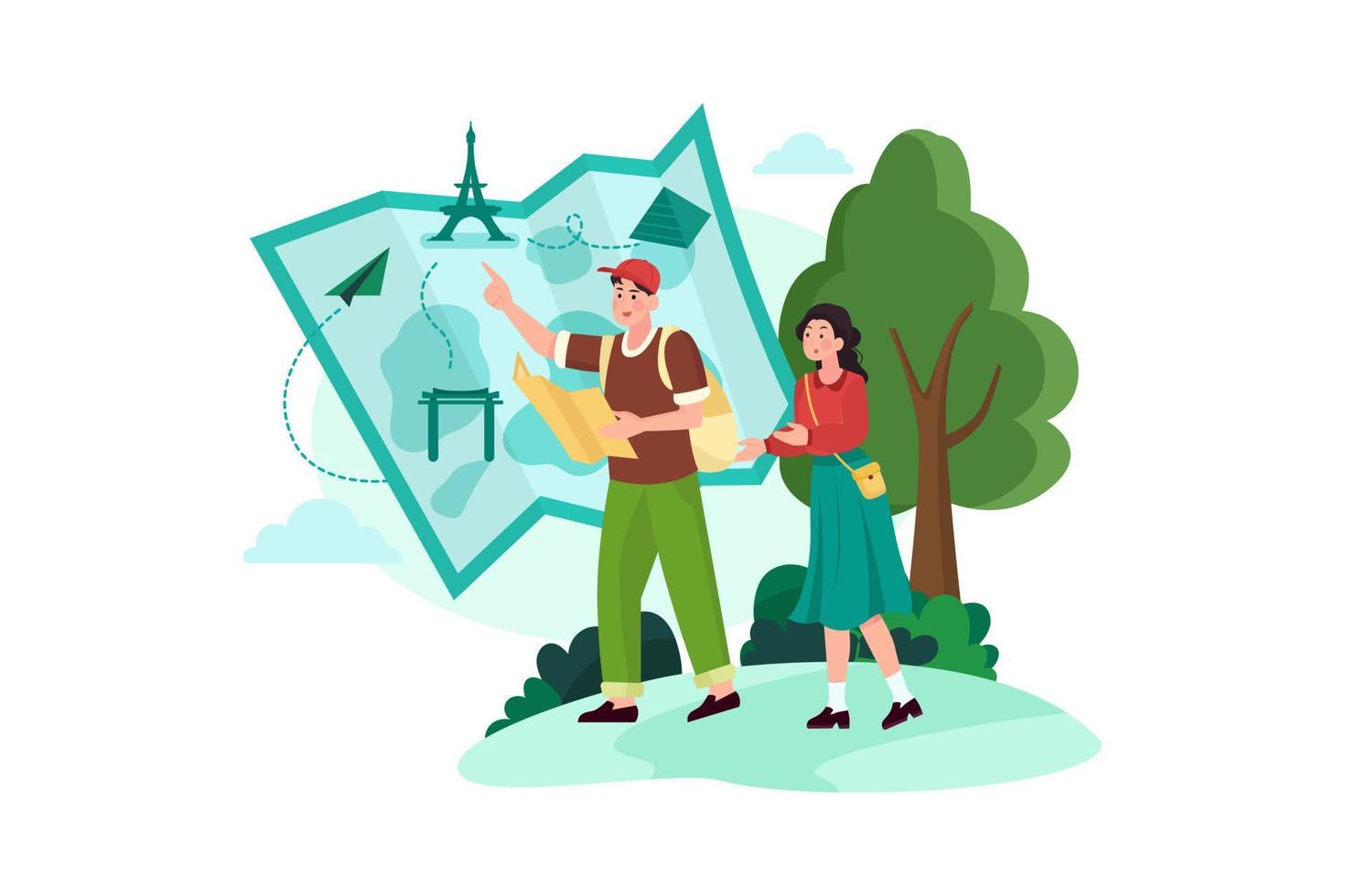 Couple planning a trip on the map vector