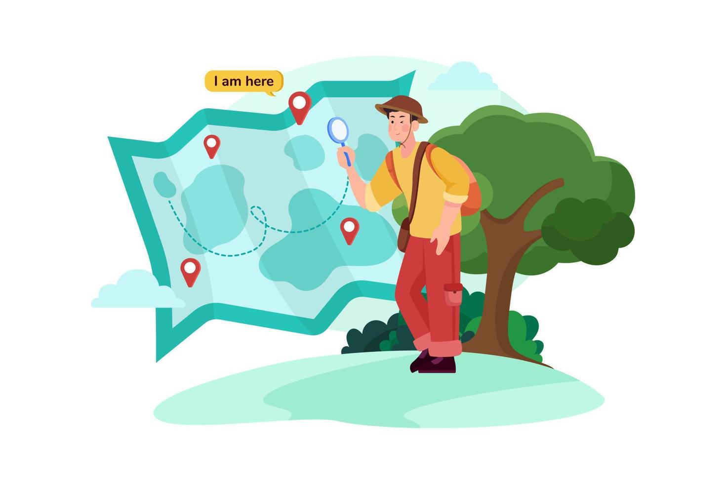 pasajero masculino está buscando un destino turístico en el mapa vector
